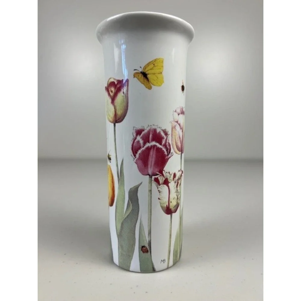 Marjolein Bastin Ceramic Cylinder Vase White Floral Tulips‎ Bee Butterfly 8.25in